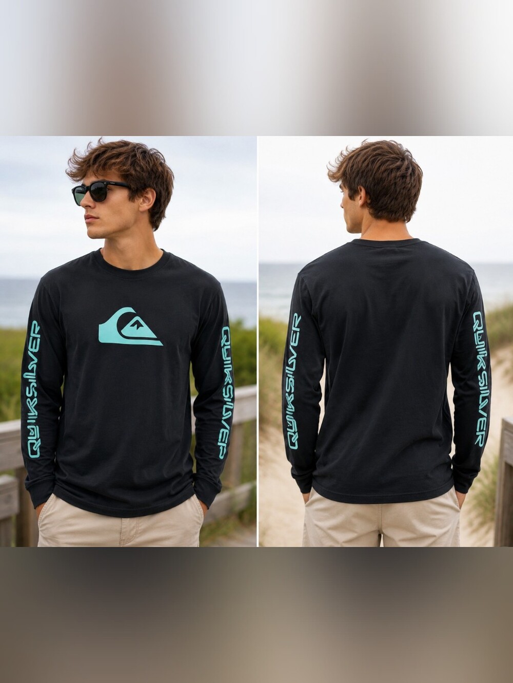 Quiksilver Black Teal Spellout Long Sleeve Surf Skate Y2K Shirt